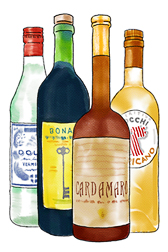 drawing of four apertif bottles
