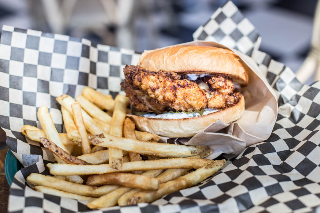chicken sandwich and fries at Elephants Delicatessen at South Waterfront