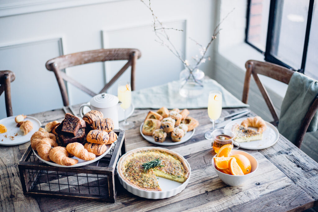 assortment of breakfast food on a table