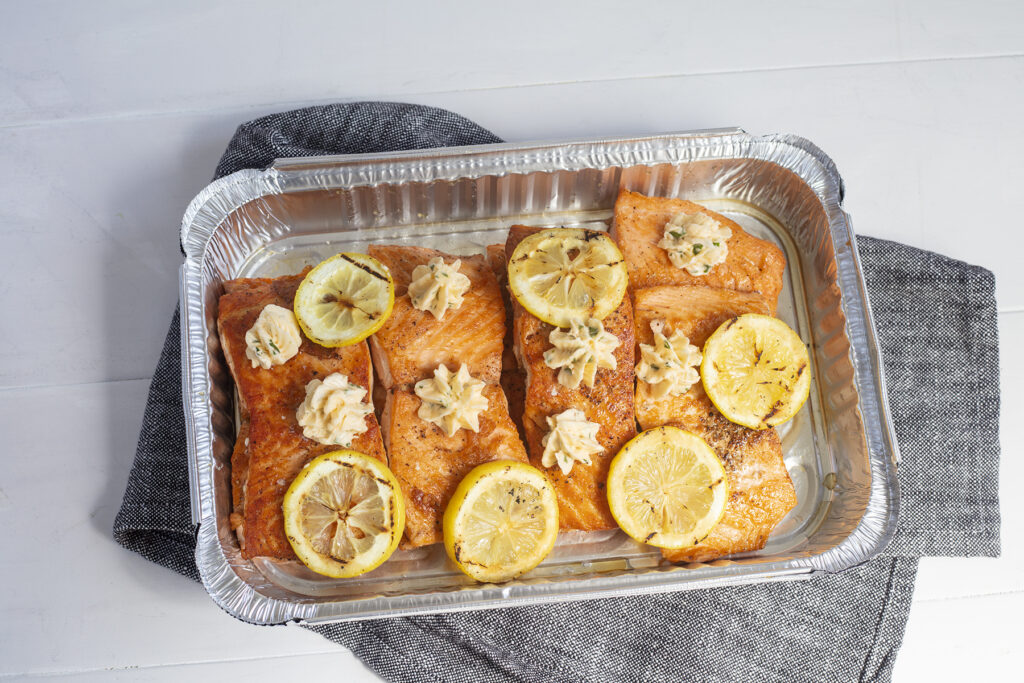 Honey Garlic Butter Baked Salmon on a white table