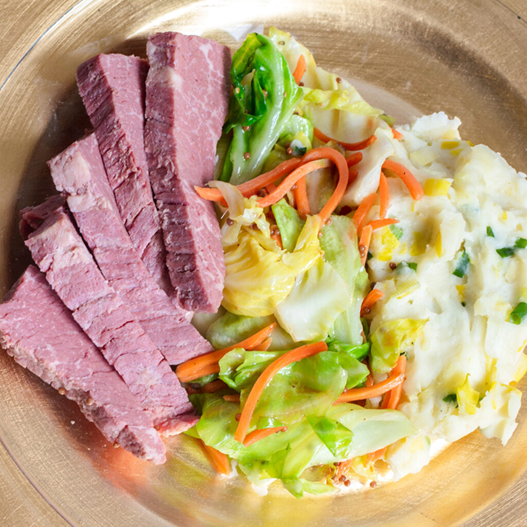 corned beef with cabbage and mashed potatoes