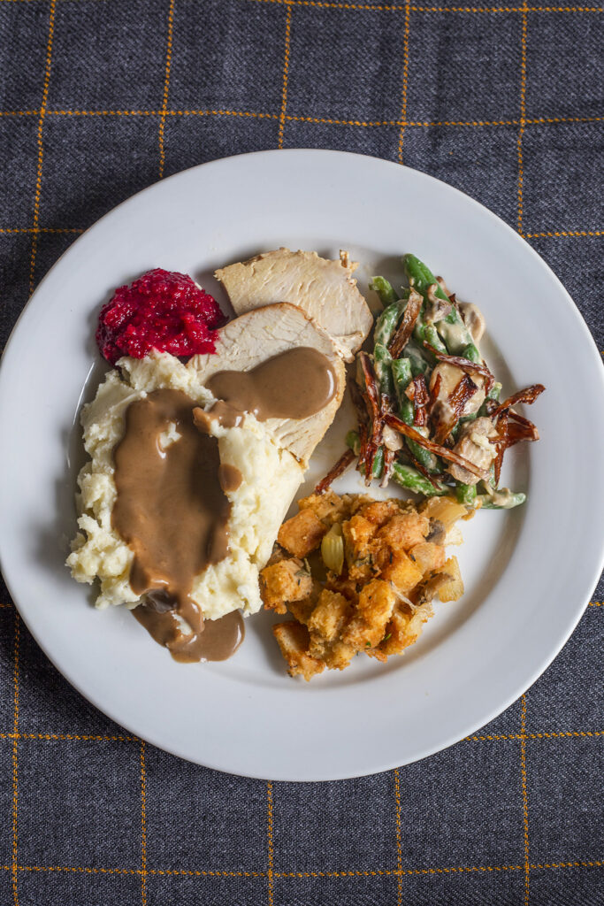 Thanksgiving food from Elephants on a white plate