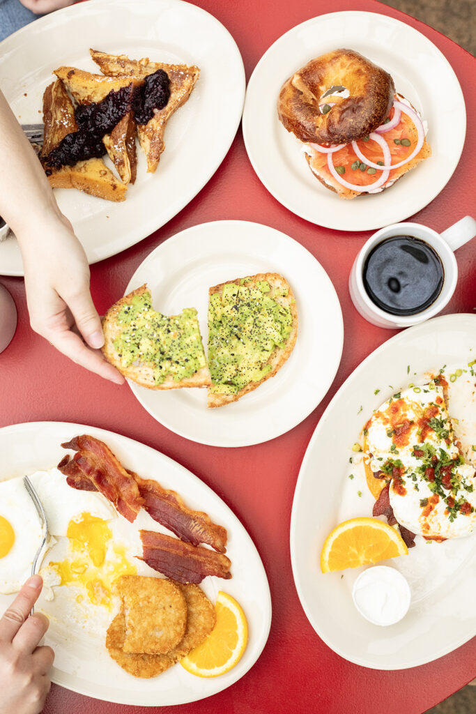 breakfast group shot on red table